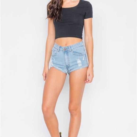 Light Blue Raw Distressed Denim Shorts - Picture 4 of 13